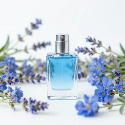cool blue perfume on a white surface surrounded by a plethora of cool blue and lavendar flowers and green stems, bright white realistic, up close shot, white background, zen, light, modern minimalist f 2 0