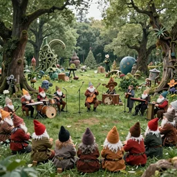 a beatiful dwarven festival in 1994 in a fertile green park with surreal elven nature, a gnome rock band concert and dwarven BBQ