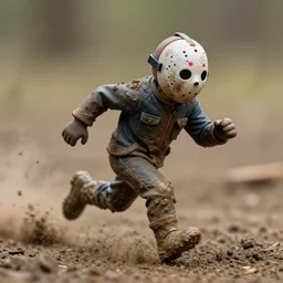action photography, long shot, award winning macro photo of a tiny ultra detailed muddy jason voorhees running very fast on mud, dirt and dust, fast shutter speed, motion blur, tiny gaussian blur, highly detailed, highly intricate, depth of field, national geographic