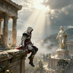A still from Assassin's Creed Odyssey, Greek architecture, the assassin is perched on a ledge overlooking the landscape, god rays, bloom, volumetric fog, eerie ambiance, cinematic lighting, Brom, Caravaggio, Da Vinci, Bernini, fantasy character, portfolio illustration, highly detailed, trending on Artstation, HQ, 8k, 35mm lens, f2.8, Bokeh,