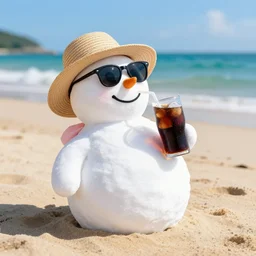 a ( ( snowman wearing straw hat and sunglasses ) ), relaxing on sandy beach drinking cold soda, ( ), on a beautiful sunny day, photorealistic image ultra detailed, high resolution, trending at artstation