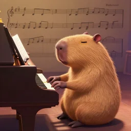 Capybara playing on piano at the stage, made by Pixar studio, music cover art,