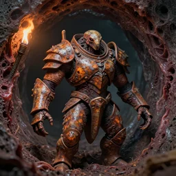 airbrush macro embryo insect viscera | as god |, carapace rust chaos dystopic armor, wedged in necrotic tunnel, chris foss, enric torres, alberto bontempi, feng zu hyper realism, narrative light, muted colors, epic, hyper detailed, awe inspiring, award winning horror, torch lighting, hyper realism, cinematical