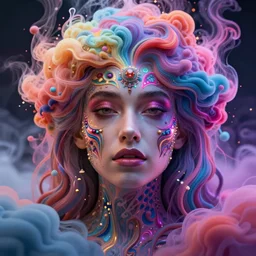 a gorgeous girl engulfed in colorful liquid clouds and neon smoke, extremely psychedelic experience, psilocybin, dmt, lsd face, highly detailed, artstation, concept art, digital art by hana yata, and artem demura and beeple, octane render, unreal engine, 8 k
