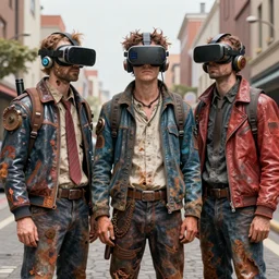 junky men on street, cybertronic gadgets and vr helmet, durty colours, rotten textures, rusty shapes, biotechnology, norman rockwell, tim hildebrandt, dariusz zawadzki, bruce pennington, larry elmore, hyperrealistic oil painting on canvas, deep depth field, masterpiece, cinematic composition, hyper - detailed