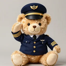 a smiling teddy bear saluting in a pilot's uniform