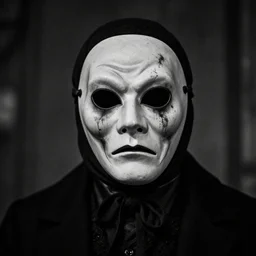 a portrait photograph of a victorian wearing a scary vintage halloween mask, creepy, atmospheric, cinematic, black and white