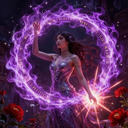 she dreams of arcs of purple flame intertwined with glowing sparks, glinting particles of ice, dramatic lighting, steampunk, secret holographic cyphers, red flowers, bright neon solar flares, high contrast, smooth, sharp focus, art nouveau, painting by Caravaggio and Ayami Kojima and ruan jia and greg rutkowski and Alphonse Mucha