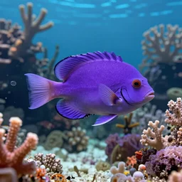 A purple fish, swimming in a beautiful coral reef, Digital art, Concept art