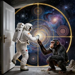 human astronaut and space chimpanzee, opening door that shows space and time, by davinci, circles, golden ratio, spirals, psychedelic, intricate, galaxies, stars
