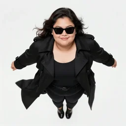 thick chubby filipina superhero, long black trench coat, sunglasses, sly grin, fully clothed, exaggerated perspective, flying toward camera, beautiful detailed face, bright blue hair, action pose, comic book style, highly detailed, dynamic shadows, dynamic lighting, dynamic colors, geoff johns, jason fabok, jason fabok, brad anderson, splash art