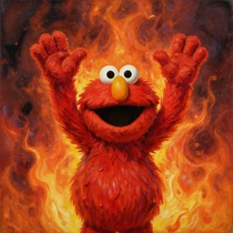 elmo holding his hands up standing in front of epic apocalyptic flames, oil painting by michael whelan, striking detail