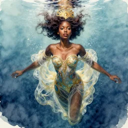 beautiful watercolor painting of a young black queen under water, intricate, elegant, highly detailed, digital painting, artstation, concept art, smooth, sharp focus, art by krenz cushart and artem demura and alphonse mucha, dynamic lighting, full body shot, ultrarealistic, cinematic, octane render, 8 k