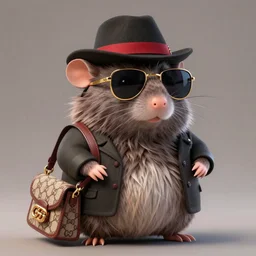 anthropomorphic chubby gangster rat wearing Gucci, wearing sunglasses and a hat, long fur, rat, detailed, 3d render, 4k, pixar