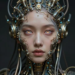 beautifully stunning biopunk woman_integrating_with_technology_full_face_insipiring_detailed_intricate_ornate_cables_connected_to_head_big_open_electric_eyes_ the_singulairty is now  by android jones