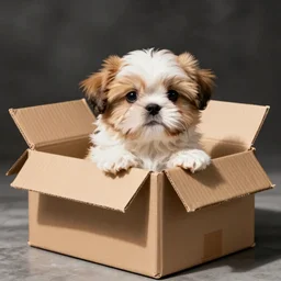 cute shih tzu puppy in a cardboard box