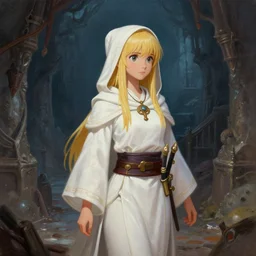 A cute spaghetti-woman cleric protagonist with white clothing and a belt of kunai is exploring the grimdark dungeon depths. trending on Pixiv. trending on ArtStation. A vibrant digital oil painting. A highly detailed fantasy character illustration by Wayne Reynolds and Kev Walker and Gustave Dore and Carl Critchlow and Bram Sels
