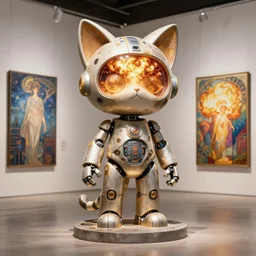 3 d octane render, ultra photorealistic, 8 k hyper detailed image a very cute roman statue robot of the cat ears and nuclear explosion, cyberpunk, cgsociety, in a contemporary art gallery, in neo tokyo, artwork by alphonse mucha