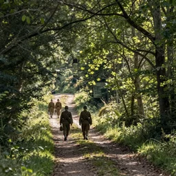 landscape colour photograph of WWI soldiers walking down a forested country path