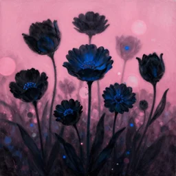 beautiful _ digital _ matte _ whimsical _ painting _ of _ whimsical _ botanical _ illustration _ black _ and _ blue _ flowers _ enchanted _ bokeh _ pink _ background _ dark _ contrast _ by greg rutskoski