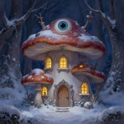 evil mushroom fairy cottage in twilight forest snow, with dormers made of the eye of sauron. soft light, illuminated windows. intricate painting by ross tran, magali villeneuve, and jeremy mann.