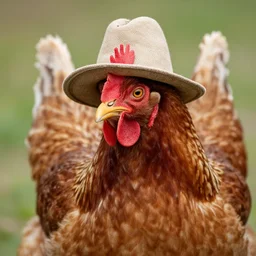 A chicken with a hat
