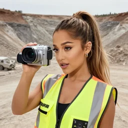 photo, close up, ariana grande in a hi vis vest, in dusty open pit mine, android cameraphone, 2 6 mm,