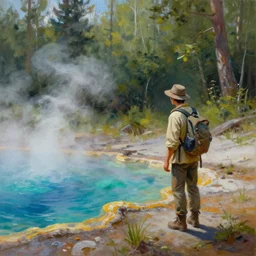 an adventurer finding a colorful hotspring deep in the forest, oil painting, highly detailed, featured on artstation