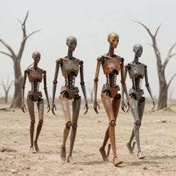 skinny and rusty cyborgs walking a dry land, dead trees around, by oscar chichoni