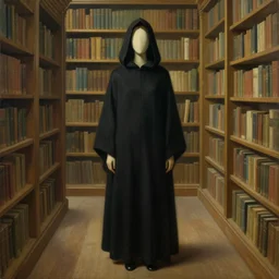 a surreal painting from 1 9 4 5 of a standing faceless woman wearing a black hood in a library