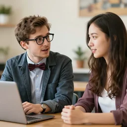 hd ohoto of one nerd guy speaking to one attractive girl