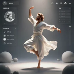A very detailed digital art rendering and concept design of a beautiful bearded young ethereal man beautifully positioned and dancing in volumetric lighting, three dimensions, a digitally transformed environment, user interface design, 3D modeling, illustration, and transportation design
