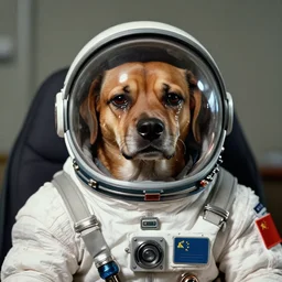 laika the dog is in a spacesuit and is crying. soviet style socialist realism.