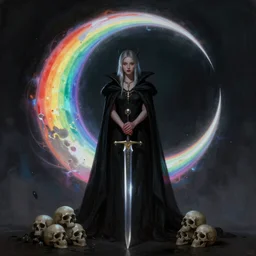 concept art painting of beautiful figure the called the moonbow queen in black cloak holding a sword, skulls, a rainbow in the dark, colorful, by Michael Whelan, and Donato Giancola, cyberpunk, artstation, extremely moody lighting, glowing light and shadow, atmospheric, shadowy, cinematic, 8K