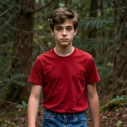 portrait, teenager, natural eyes, brown hair, thin eyebrows, red shirt, blue jeans, walking in forest, detailed face, realistic photo.