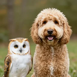 photo of a hybrid of a golden doodle and an owl