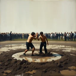 3 drunks fall over mud - wrestling,, oil painted ( ( ( ( ( ( by richard serra ) ) ) ) ) )
