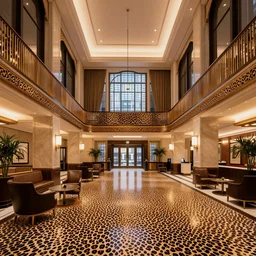 a beautiful, sharp focus, clean lines. the interior of a vast 1 9 7 0 s luxury hotel lobby. leopard print. vaporwave ombre rendering. outrun style. trending on artstation. recommended for you behance. wes anderson colors. by chris moore. by edward hopper. ambient occlusion. digital matte painting. metropolis filmic. gotham city.