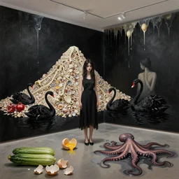 painting of a flooded art gallery room at an art gallery, black walls, a tall emo woman, a mountain made of shells and bones, black swans, pomegranates, courgettes, raw eggs dripping down walls, broken egg shells, sensual, octopus tentacles coming from puddles, zen, surrealist, by magritte and monet