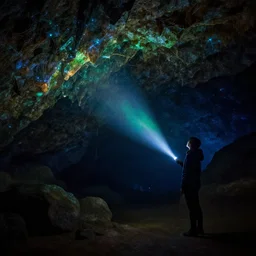 a person standing in a dark room with a flashlight, a cave painting by elsa bleda, trending on unsplash, light and space, bioluminescence, volumetric lighting, luminescence