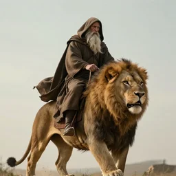 alnaqua a hooded wise old man with a long white beard wearing a brown hooded tunic riding on top of a lion, the man riding is on the lion, the wise man is riding on top, majestic, epic digital art, cinematic, trending on artstation, superb detail 8 k, wide angle shot, masterpiece