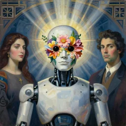 masterpiece painting of an android robot wearing a mask made of flowers, by annie swynnerton and diego rivera and jean delville, symbolist, dramatic lighting, god rays, elaborate geometric ornament, art brut, soft cool colors, smooth, sharp focus, extremely detailed, adolf wolfli