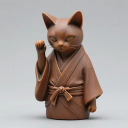 elegant thin anthropomorphic cat figurine wearing a kimono, hand carved brown resin, kimono toggles, very highly detailed, petite, exquisite details, intricate, monotone, shy looking down waving one paw head turned slightly