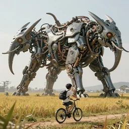 an intricate concept illustration, fantasy, a young boy with a backpack riding on a bicycle, along the asian field, mechanical large biomes, megafauna, ultra photorealistic, ultra sharp, artstation, cgsociety, masterpiece, by wlop, octane render, cinematic lighting, 8 k