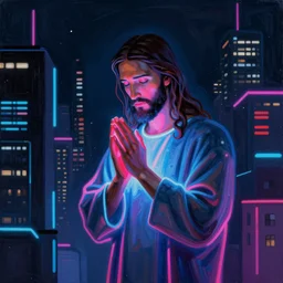 a painting of neon jesus they prayed in the dark city, cyber