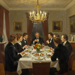 Dinner party at the big room with chandelier, rich people eating and talking, oil painting