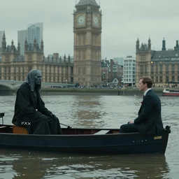 charon on one end of a reaper boat and a london banker sitting on the other end on the river styxx with submerged buildings in the backround