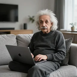 highly detailed photorealistic full body portrait of albert einstein inside a modern living room while he is using his Apple MacBook Pro on the sofa