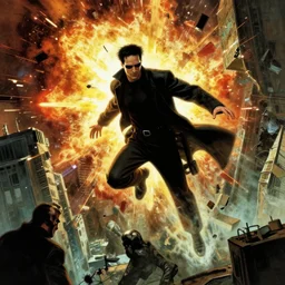 Neo from Matrix escaping exploding building, highly detailed, digital painting, artstation, concept art, sharp focus, illustration, art by artgerm and greg rutkowski and alphonse mucha