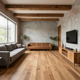 hyper realistic one point perspective of living room, wood, concrete, brick